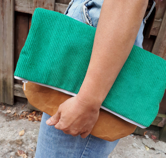 Fold over clutch bag made from washable kraft paper