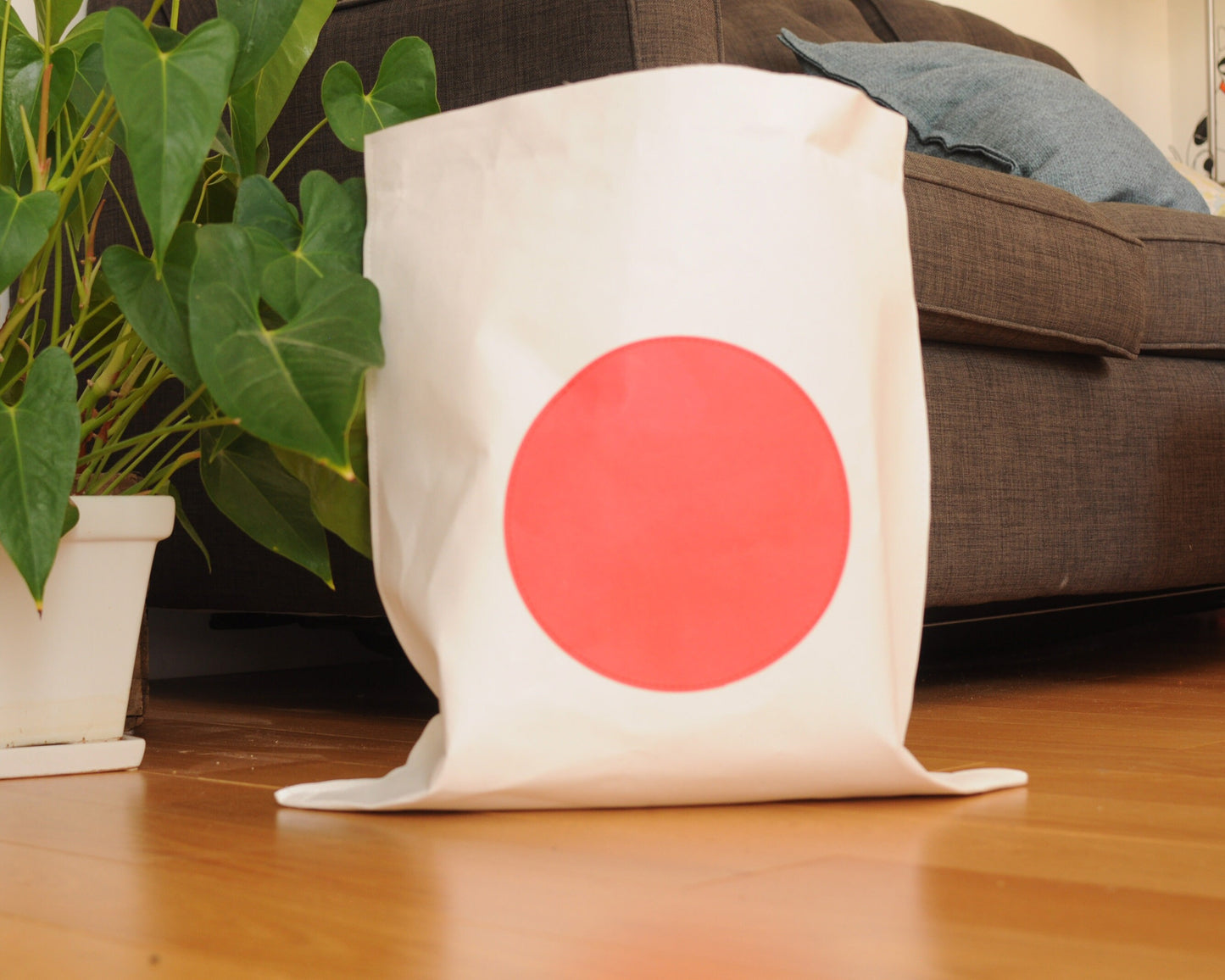Paper bag storage with big red dot made from washable paper