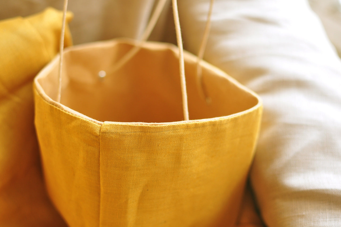Planter, hanging paper planter made from washable reusable paper and Linen in yellow and pink beige. Vegan Leather planter for living room