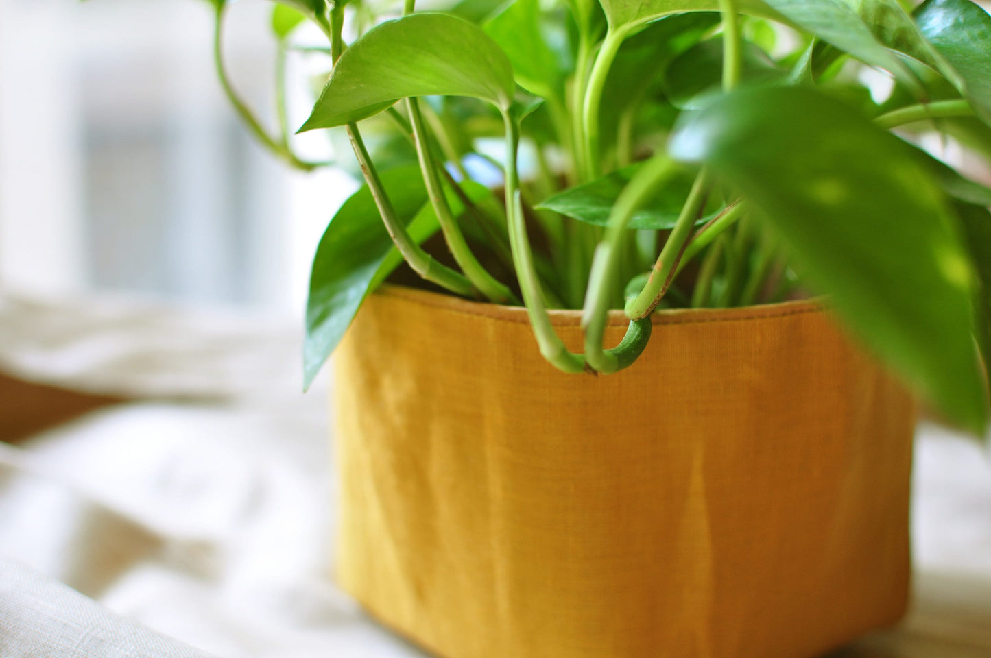 Planter, hanging paper planter made from washable reusable paper and Linen in yellow and pink beige. Vegan Leather planter for living room