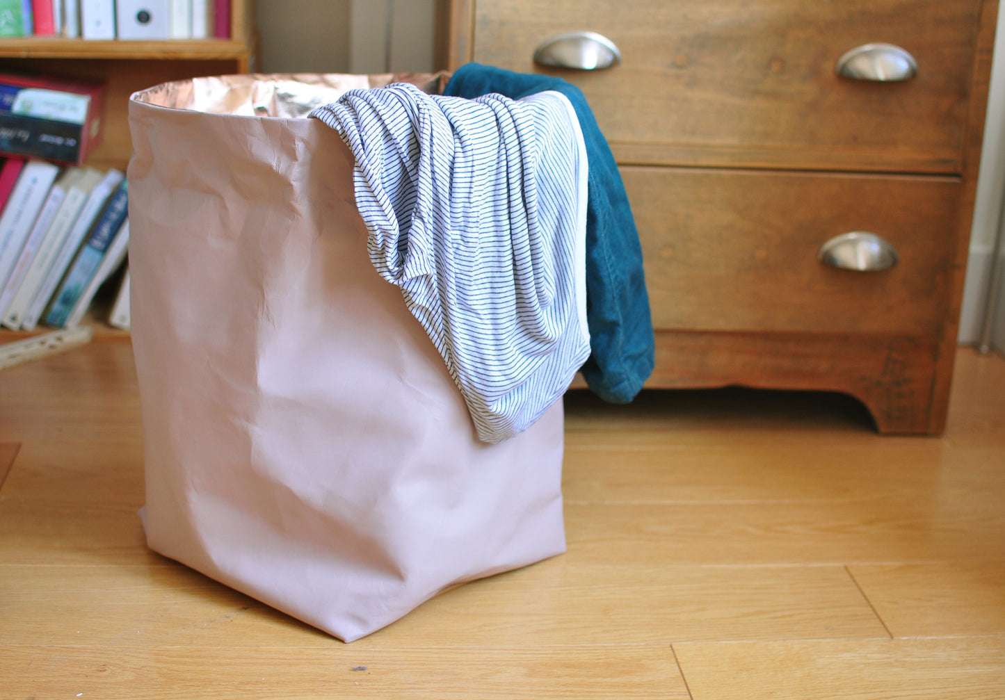 PINK + ROSE GOLD paper bag storage made from washable, reusable and recycled paper. Vegan Leather magazine holder for your living room