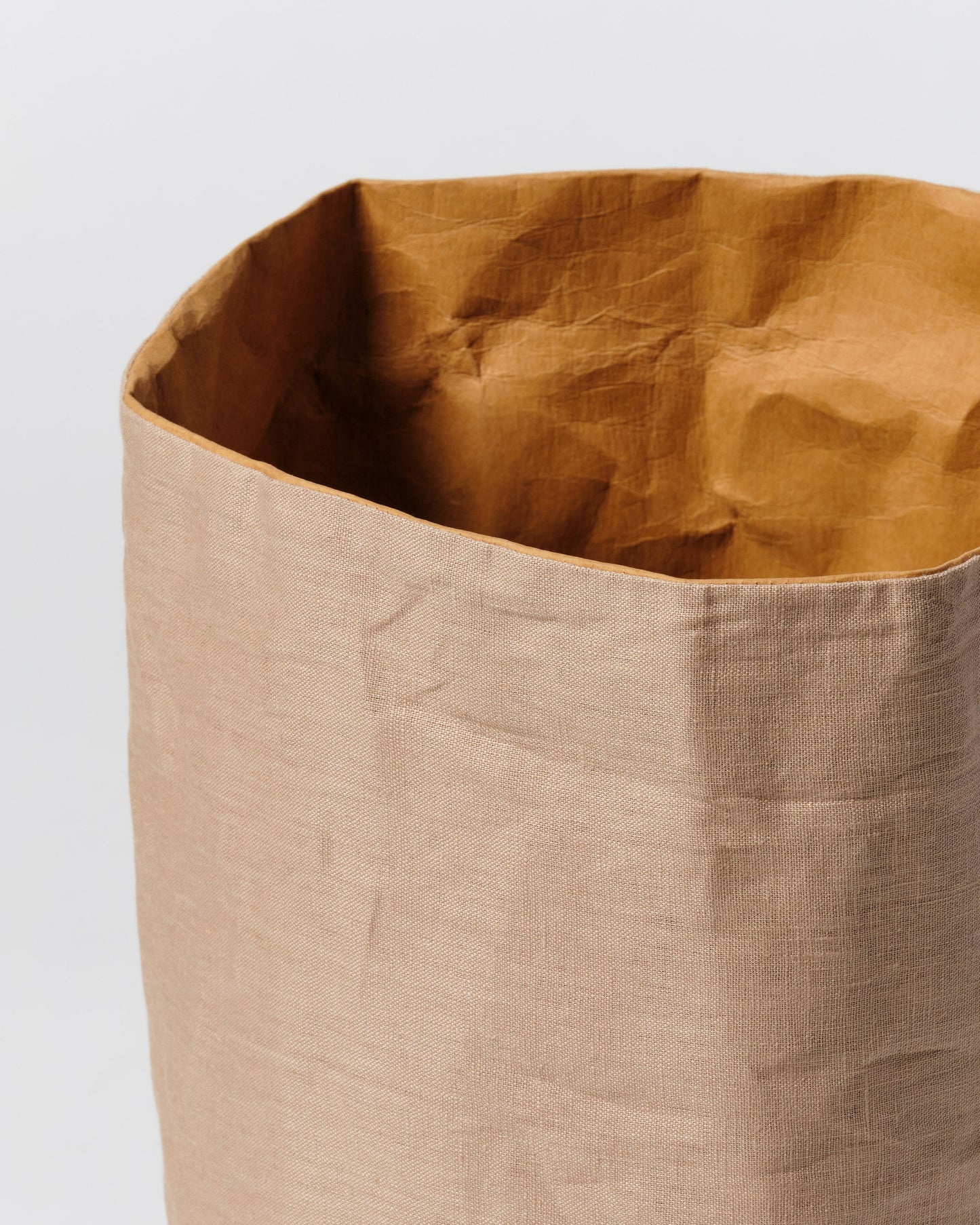 Rustic Natural style Linen storage bag made from washable and reusable paper + natural Linen. Vegan Leather bag as storage