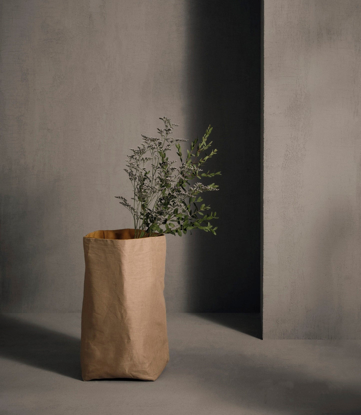 Rustic Natural style Linen storage bag made from washable and reusable paper + natural Linen. Vegan Leather bag as storage