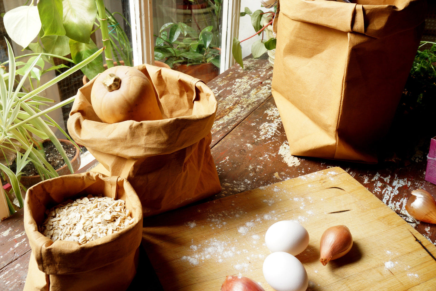 Brown Paper bag storage made from washable, reusable and recycled paper. Vegan Leather brown bag for your home