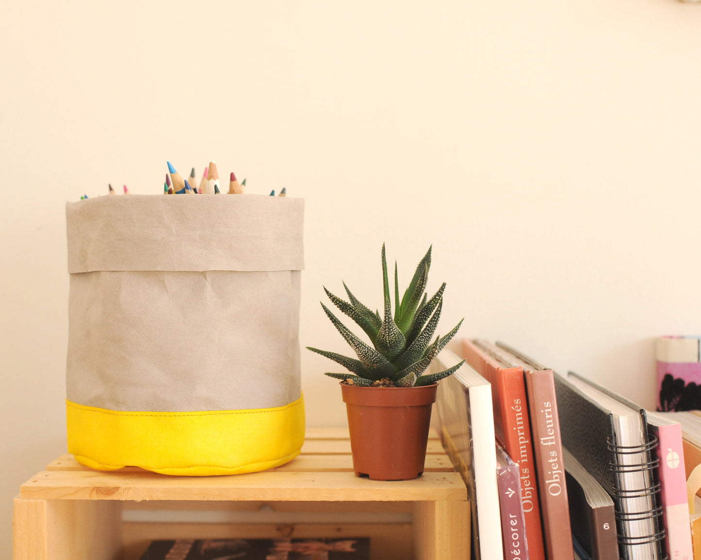 Round Waste Basket, Pen holder, made by washable paper in grey with yellow, brown with red. Vegan leather basket for your living room