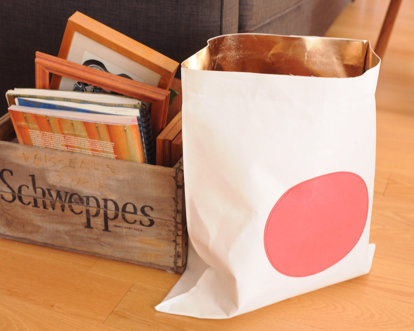 Paper bag storage with big red dot made from washable paper