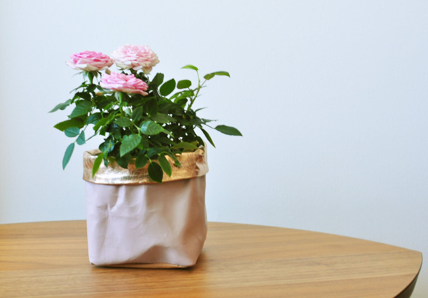 PINK + ROSE GOLD paper bag storage made from washable, reusable and recycled paper. Vegan Leather magazine holder for your living room