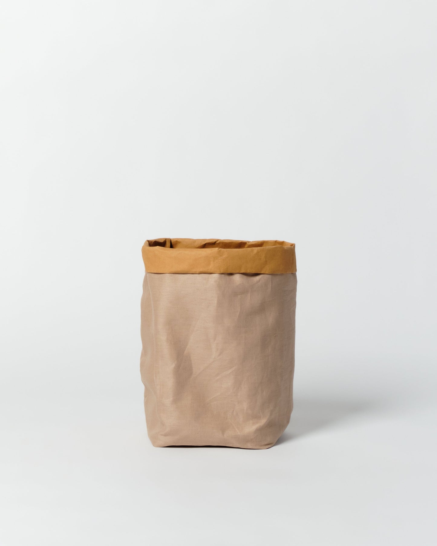 Rustic Natural style Linen storage bag made from washable and reusable paper + natural Linen. Vegan Leather bag as storage
