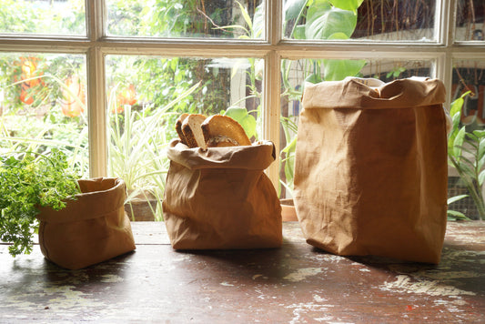 Brown Paper bag storage made from washable, reusable and recycled paper. Vegan Leather brown bag for your home